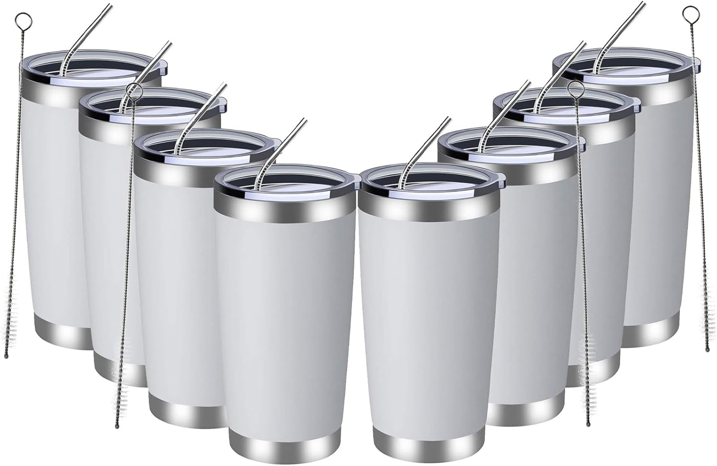 MEWAY 20oz Tumbler 8 Pack Double Wall Vacuum Insulated Travel Mug Bulk, Stainless Steel Tumblers with Lid and Straw, Durable Powder Coated Coffee Cups for Cold & Hot Drinks (White, 8)