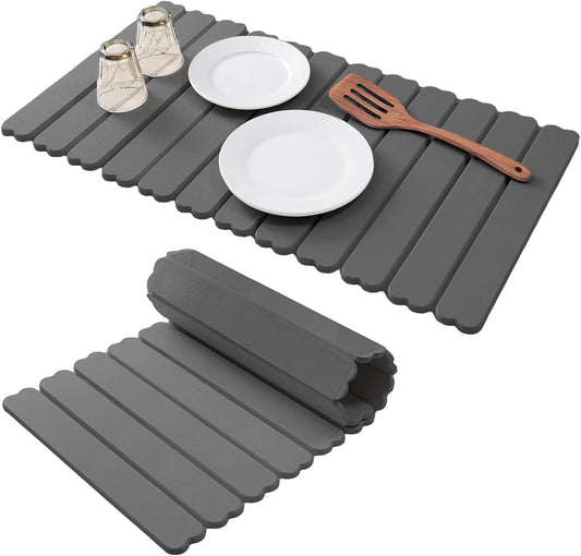Extral Large Quick Dry Stone Drying Mat for Kitchen Counter,28x16 Inch Collapsible Eco-Friendly Absorbent Diatomaceous Earth Mat for Dishes Cups,Dish Drying Mats (Dark grey-Love shape, 28x16 inch)
