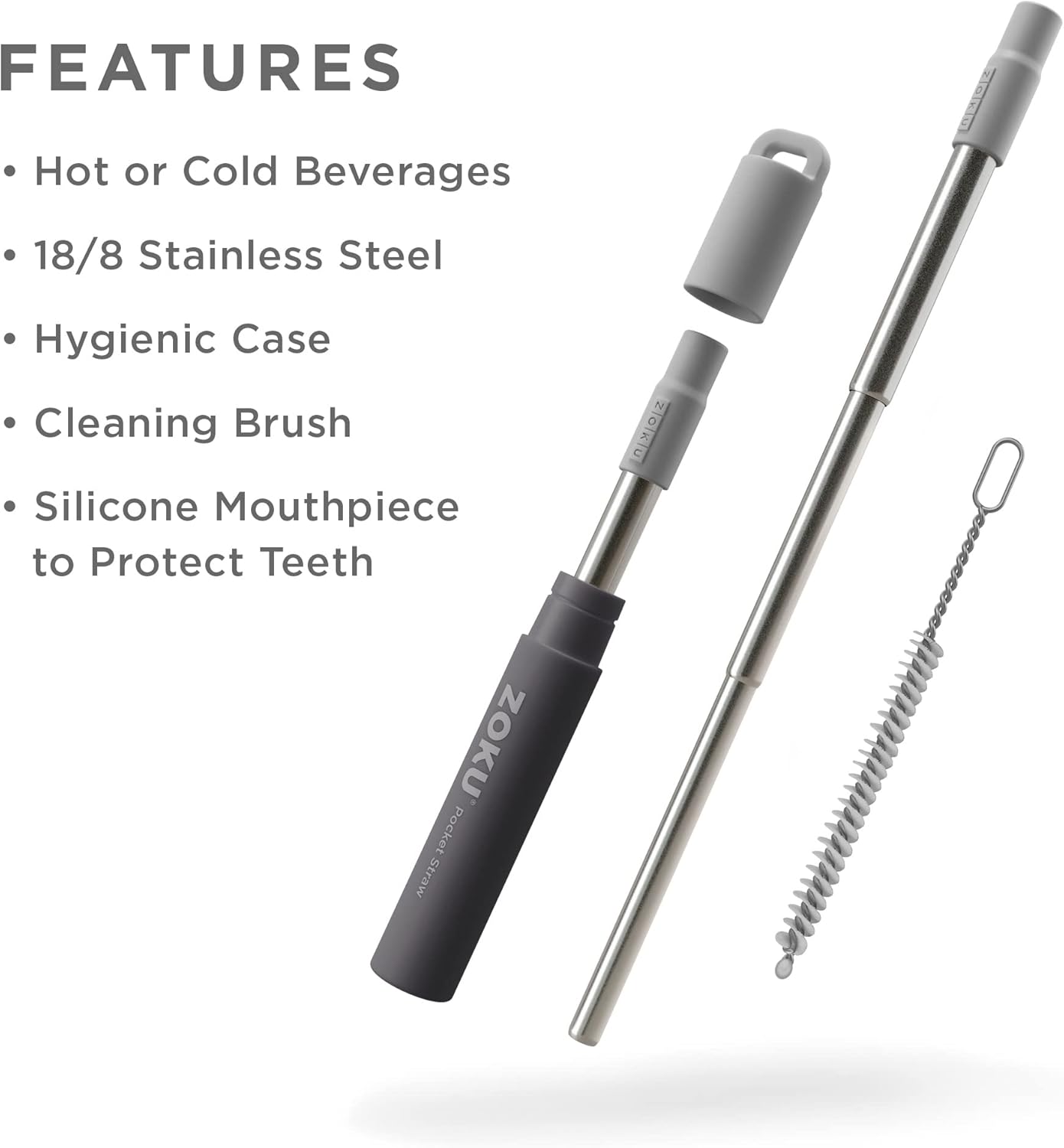 ZOKU Reusable Metal Straw with Case for Travel, Grey - Collapsible Stainless Steel Drinking Straw with Silicone Tip and Cleaner Brush, Ideal for Key Chains, Pockets, Purses