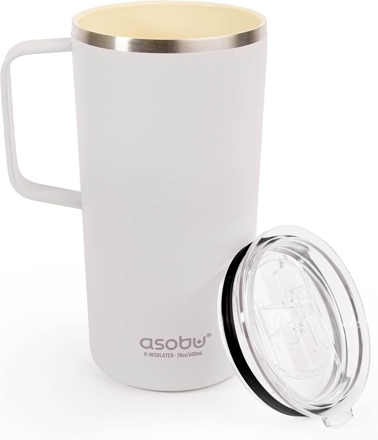 asobu Tower Mug Ceramic Inner Coated Insulated Stainless Steel Cup for Pure Tasting Coffee with Easy Hold Handle and Tritan Lid Fits Standard Cup Holders 20 Ounce Travel Mug
