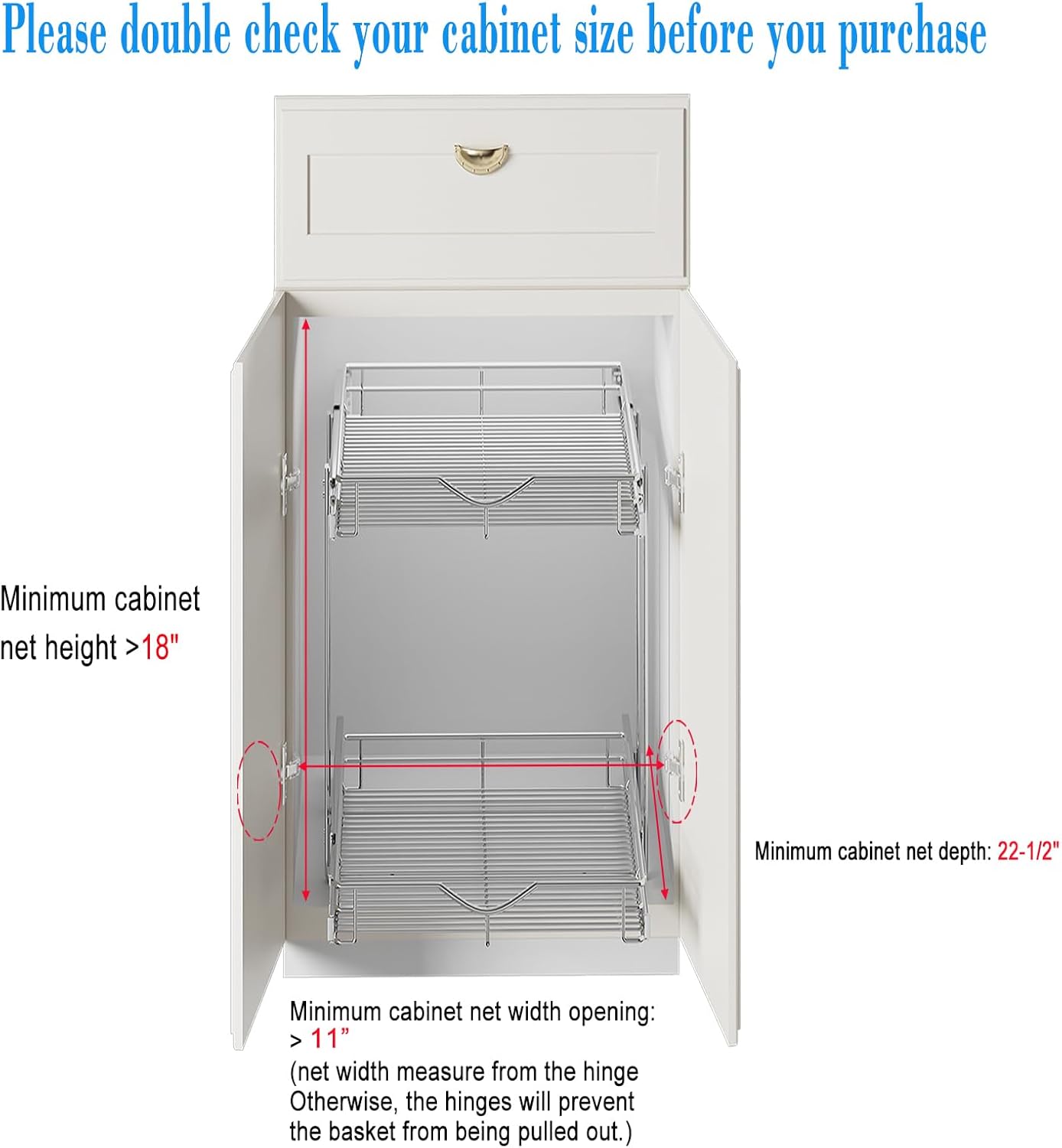 DINDON 2 Tier Pull Out Cabinet Organizer (11"W X 21"D), Double Tier Wire Basket Slide Out Shelf Storage for Kitchen Base Cabinet Organization for Kitchen, Pantry, Bathroom, Chrome