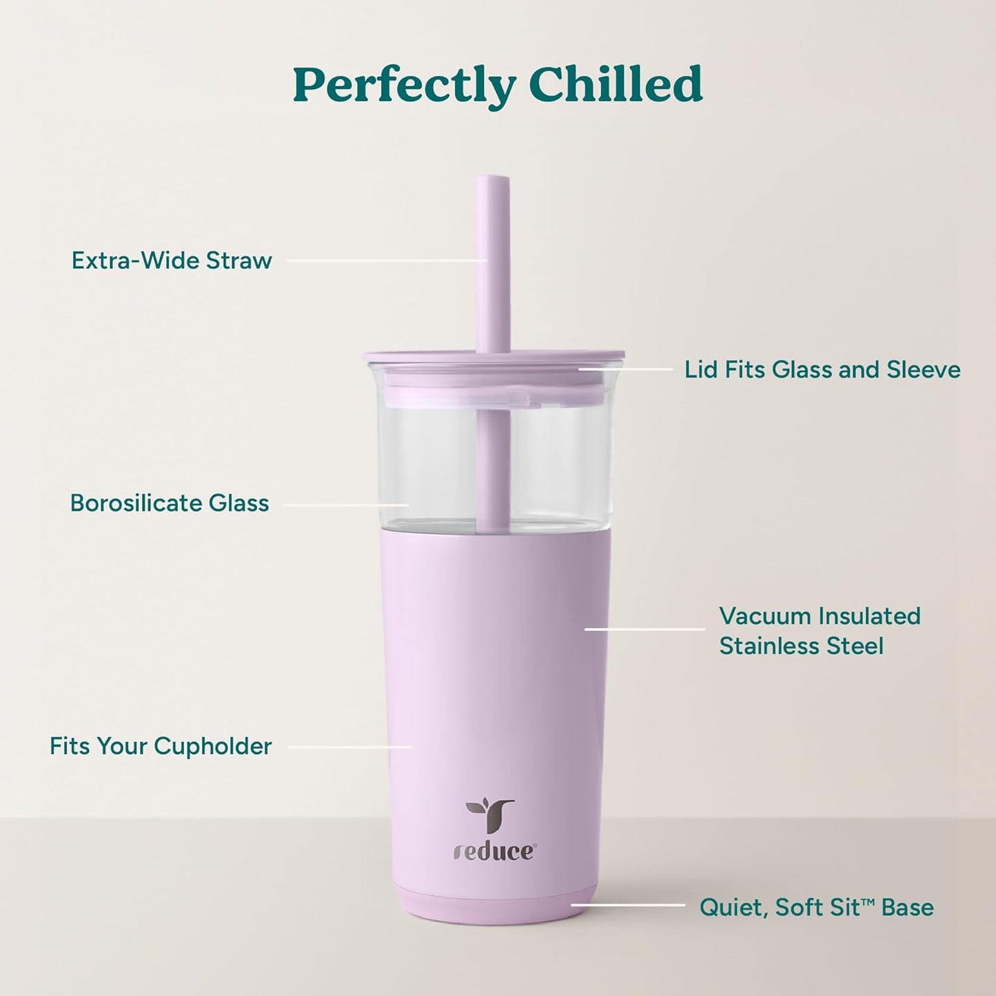 REDUCE Aspen 20 oz Vacuum Insulated Glass Tumbler with Lid & Extra Wide Straw - Keeps Drinks Cold for 12 Hrs - Ideal for Iced Coffee, Smoothies & Boba - Dishwasher Safe, Soft Base - Lilac Bud