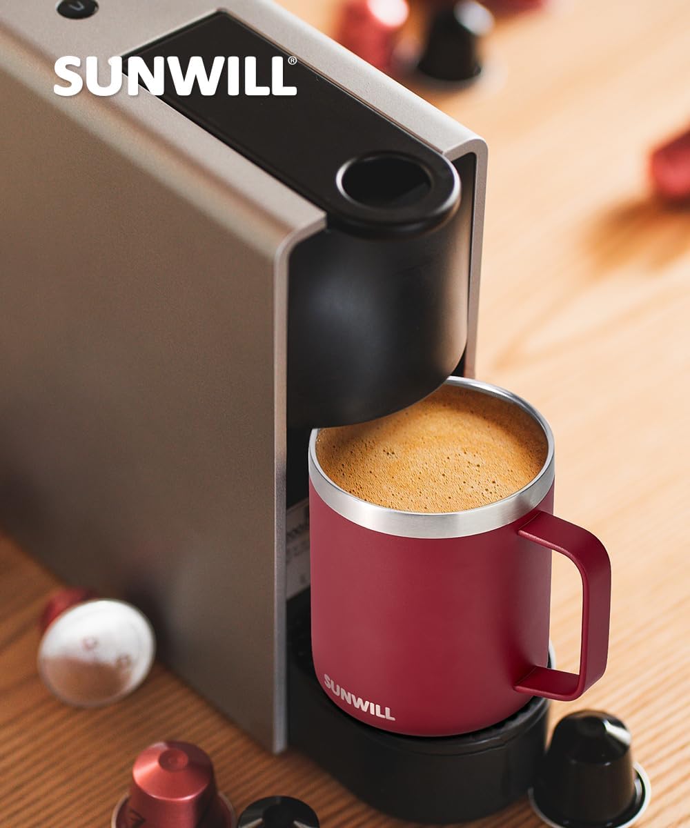 SUNWILL Travel Coffee Mug with Lid, Insulated Tumbler with Handle, 14 oz Stainless Steel Cup for Ice, Water, Tea, Powder Coated Wine Red