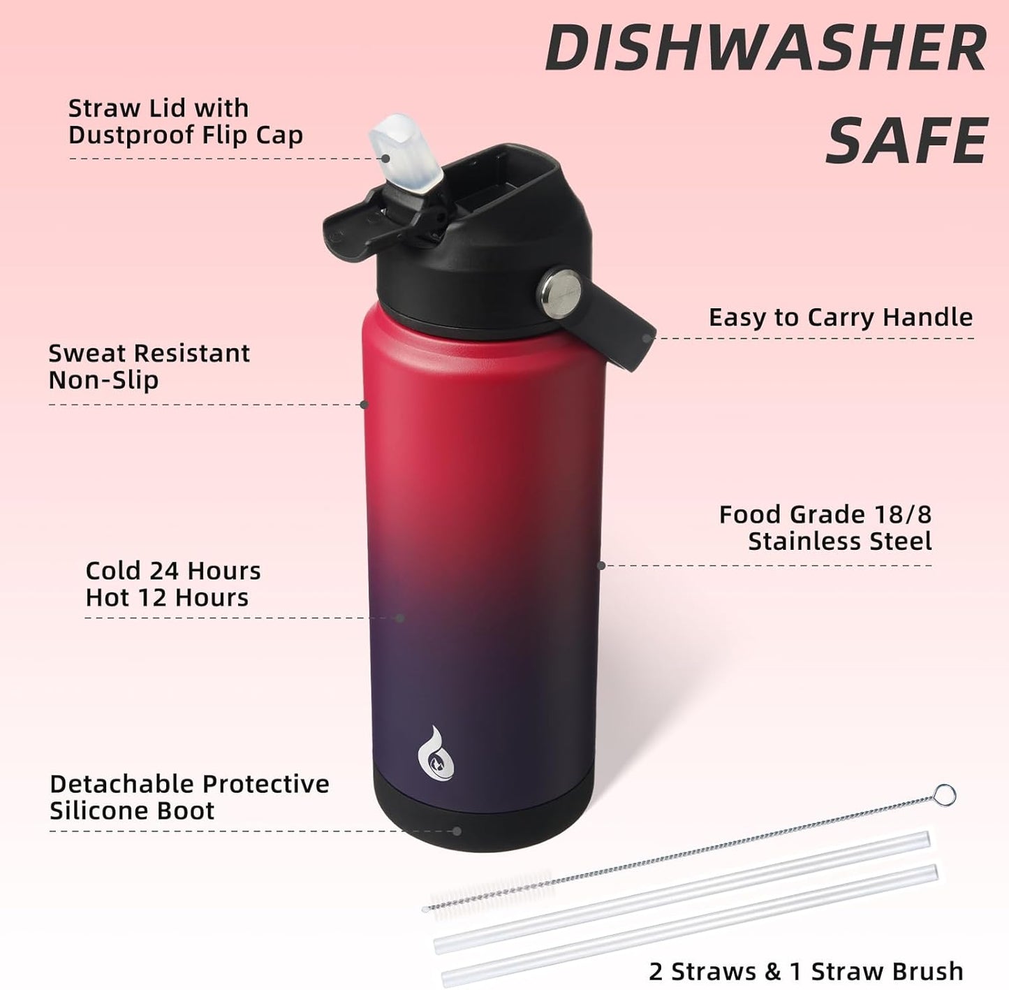 BJPKPK Water Bottle with Straw Lid, 24oz Vacuum Insulated Water Bottles, Metal Stainless Steel Thermos for Sports, Travel, BPA Free Leak Proof Thermos, Cups, Flasks, Tumblers,Charming Red