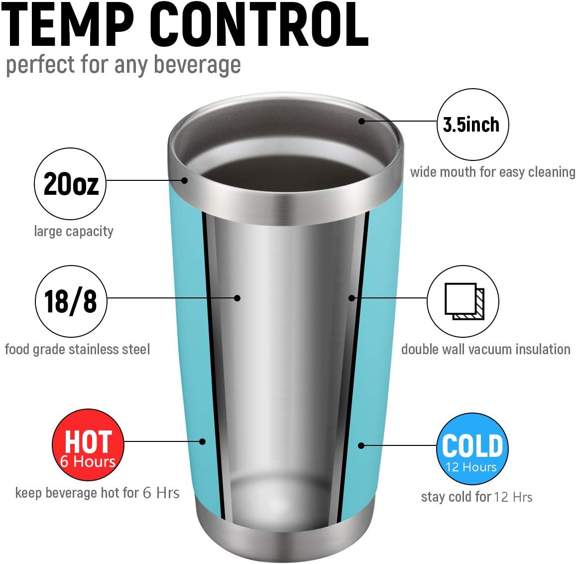 COMOOO 20oz/8Pack Tumbler Double Wall Vacuum Insulated Travel Mug, Stainless Steel Tumbler Bulk with Lid and Straw Insulated Coffee Cup for Cold & Hot Drinks (Light Blue, 8 Pack)