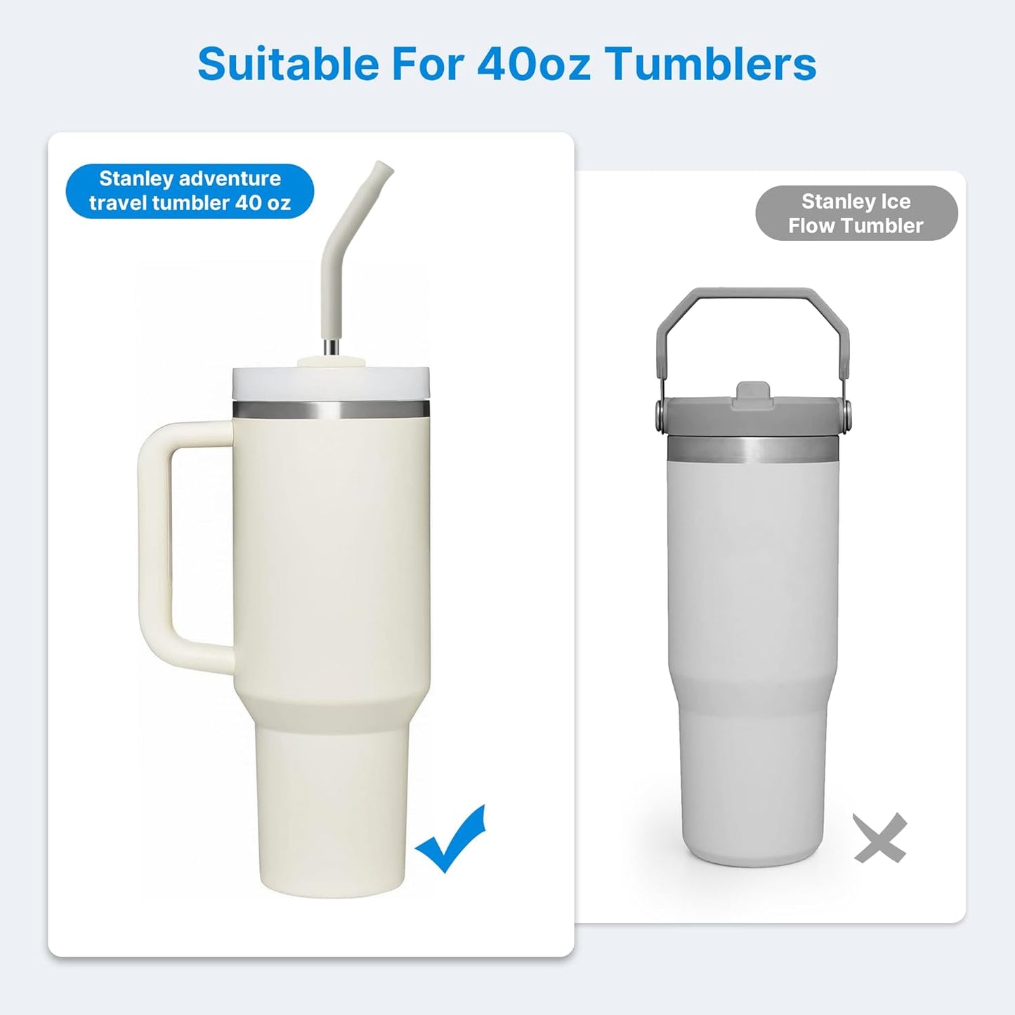 Metal Straw with Silicone Tip for 40oz Stanley Cup, 2 Pcs Stainless Steel Straws Replacement for Stanley 40 oz Adventure Quencher Travel Tumbler Cup, 1 Straw Brush (Cream Grey)