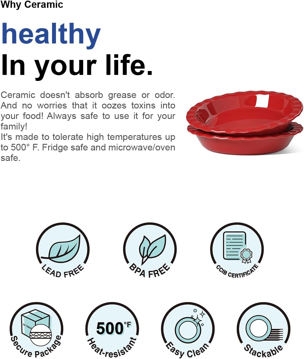 LE TAUCI Ceramic Pie Pans for Baking, 9 Inches Pie Plate for Apple Pie, Pecan Pie, 36 Ounce Deep Dish Pie Pan, Set of 2, Red