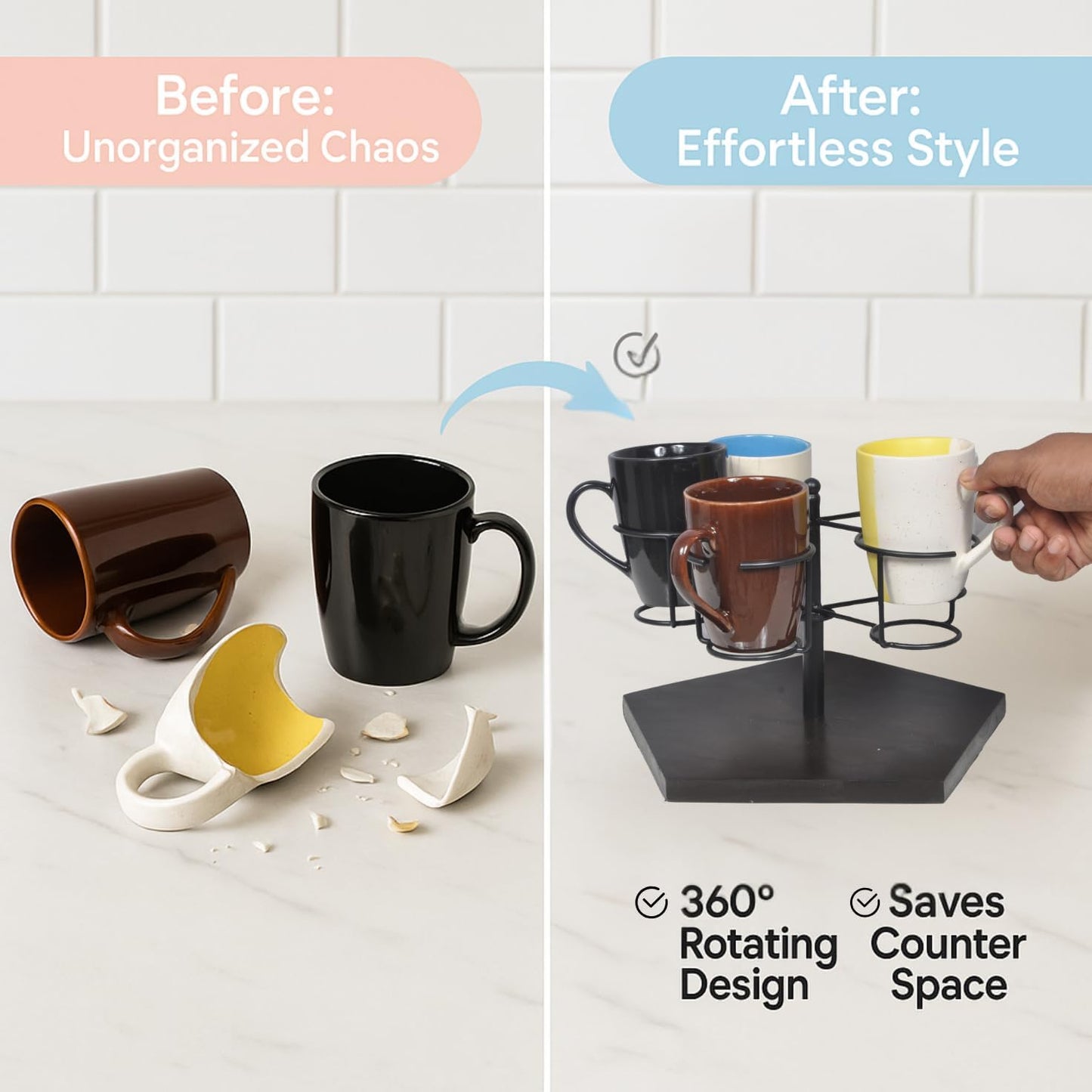 Stanley Cup Holder & Rotating Bottle Organizer – 5-Slot Wood Stand for 20/30/40oz Tumblers, Drinking Glasses, Coffee Mugs, Yeti, Hydro Flask – Countertop & Cabinet Cup Storage Rack