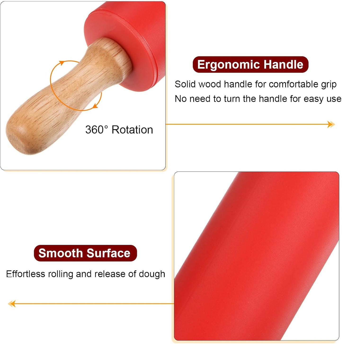 HARFINGTON Silicone Rolling Pins for Baking 12 Inch Wooden Handle Non Stick Rolling Pin Small Roller Playdough Rolling Pins for Dough Pizza Pastry Fondant Kitchen, Red