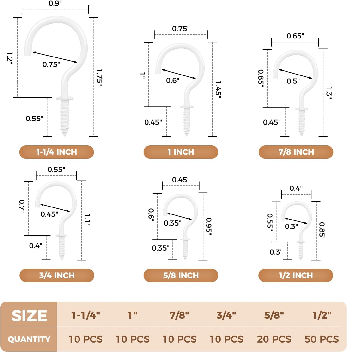 RELBRO Screw Hooks, 6 Sizes Metal Screw in Cup Hooks, 1/2 Inch, 5/8 Inch, 3/4 Inch, 7/8 Inch, 1 Inch, 1-1/4 Inch, White, 110 Pcs