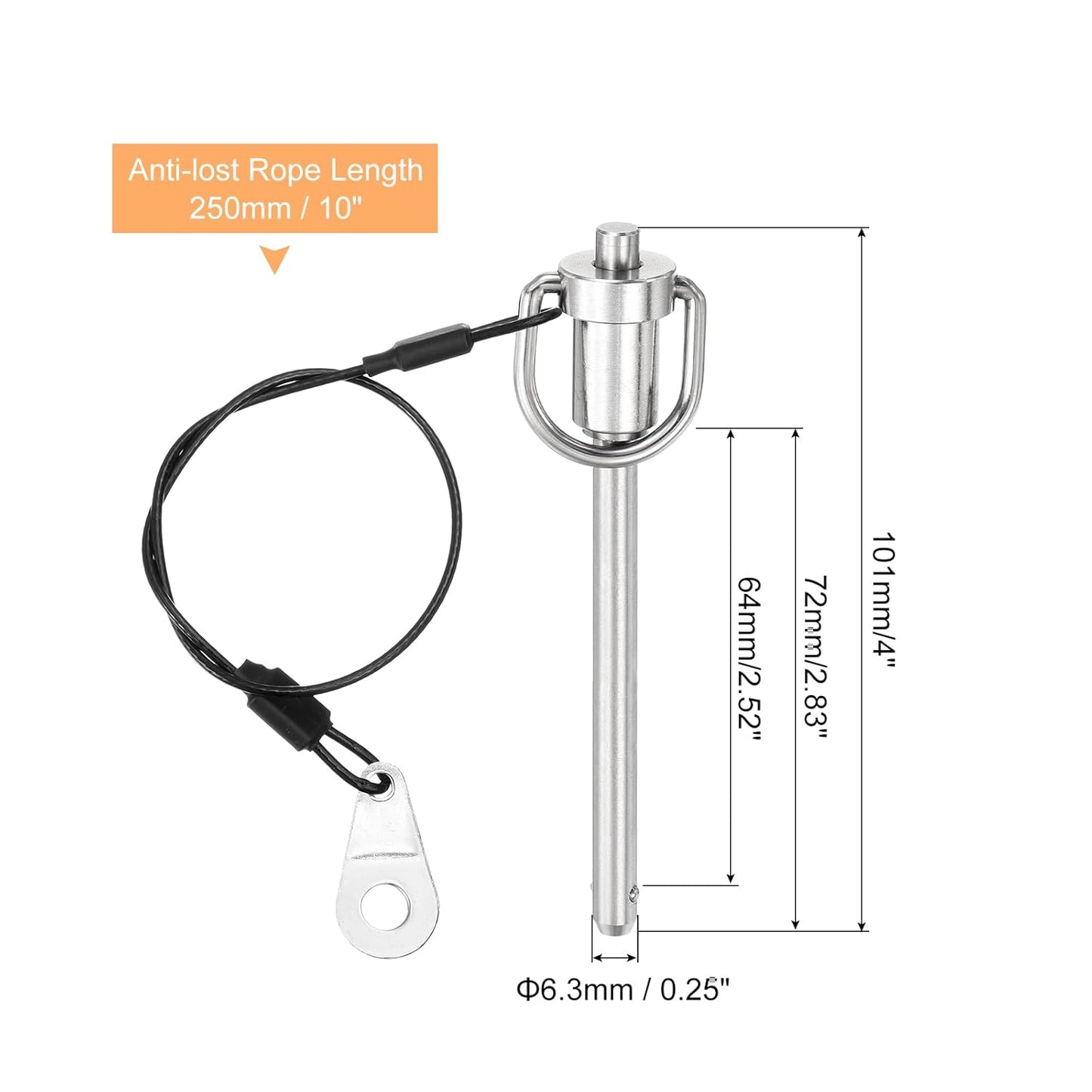uxcell 1 Pcs Quick Release Pin, 6.3x64mm/1/4" x 2.52"(Dia. x L) Push-Button Ball Locking Pin 304 Stainless Steel Ring Handle Locking Pin with Wire for Audio Bimini Top Marine, Silver