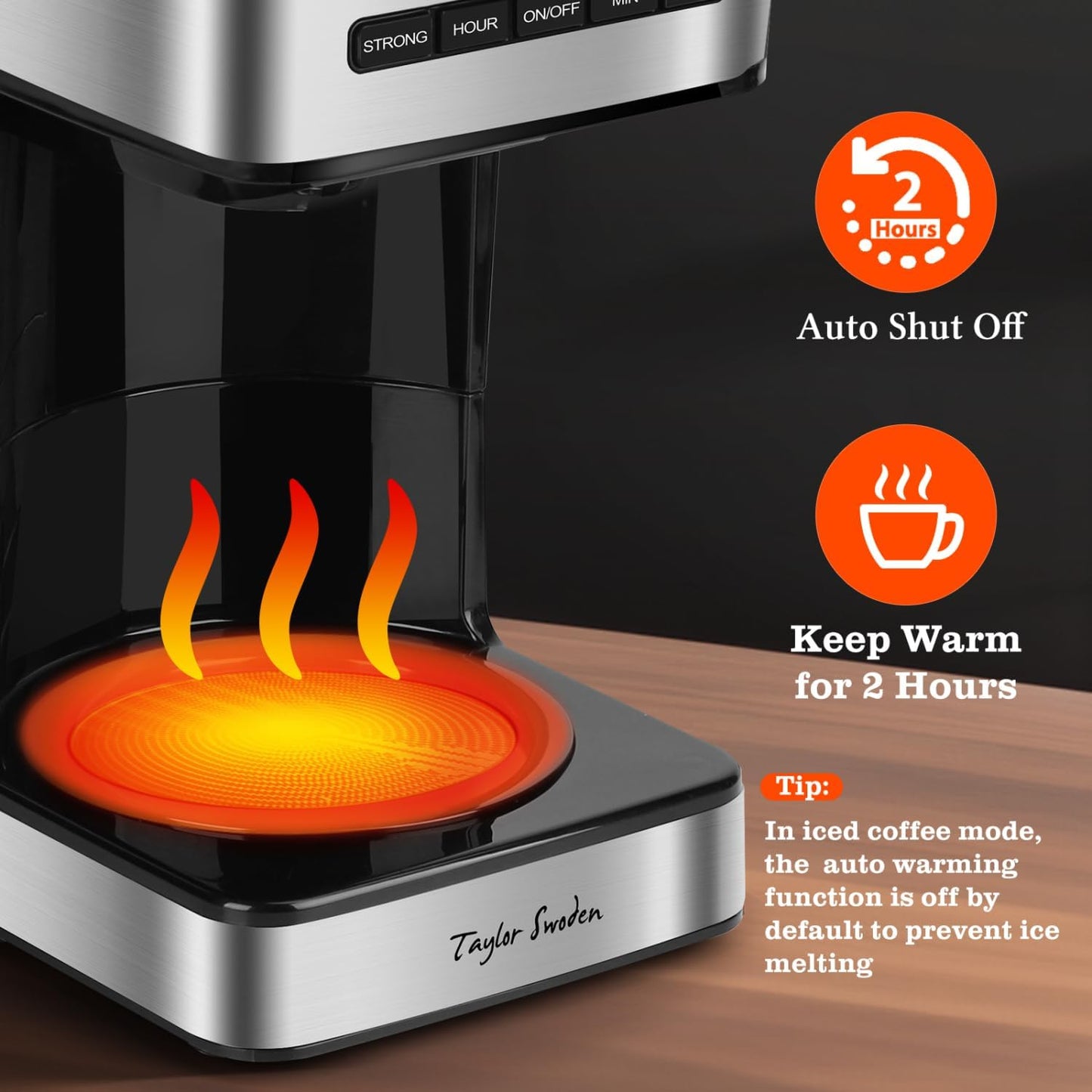 Taylor Swoden Programmable Coffee Makers 12 Cup, Hot and Iced Coffee Maker, 4 Brew Strength, LED Display, 24H Timer, Keep Warm&Auto Shutoff- Drip Coffee Machine for Home/Office, Black &Stainless Steel