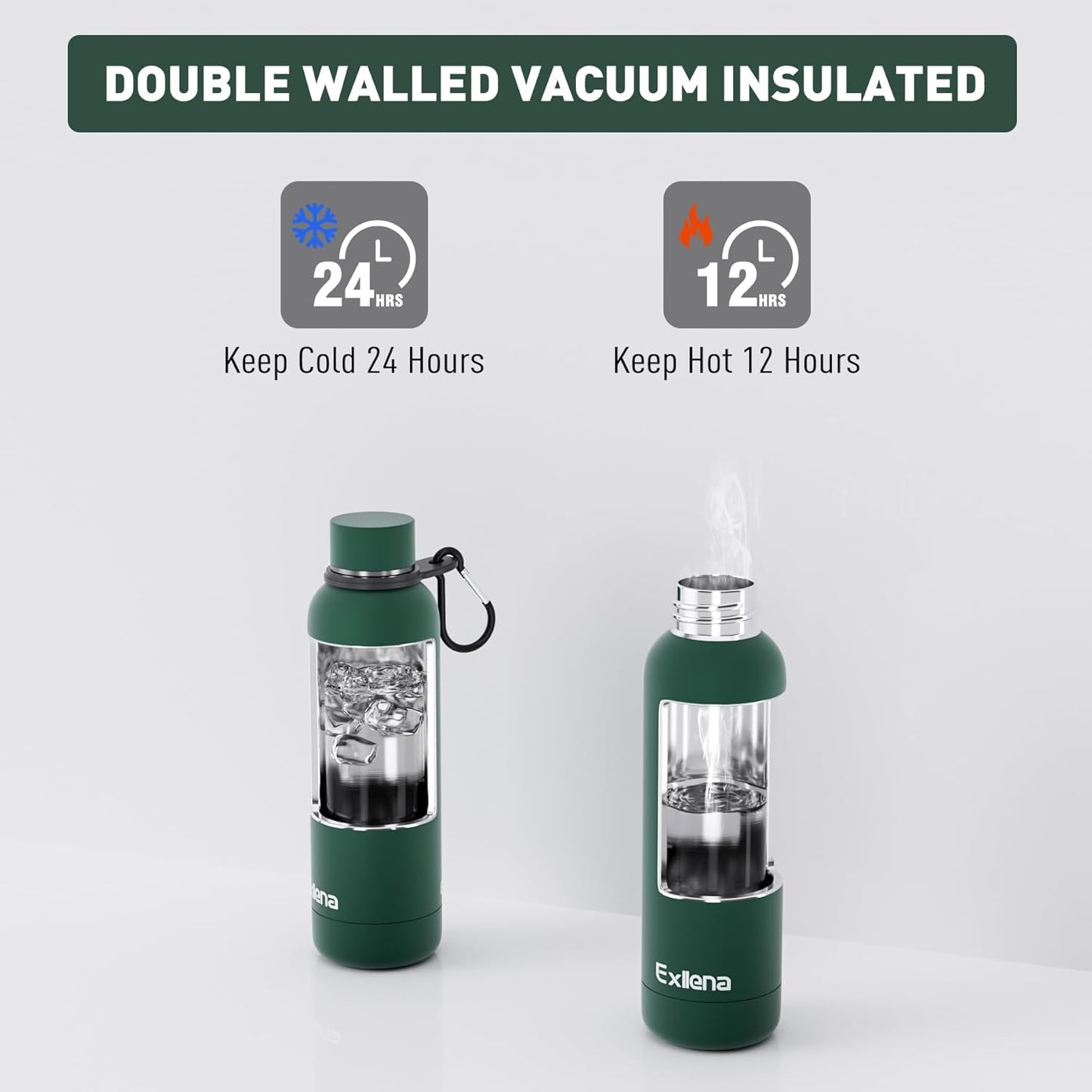 Slim Insulated Water Bottles for Travel 18oz with Clip, Double Wall Vacuum Stainless Steel Water Bottle Keeps Drinks Cold 24 Hrs/Hot 12 Hrs, 100% Leakproof, BPA Free(Emerald Green)