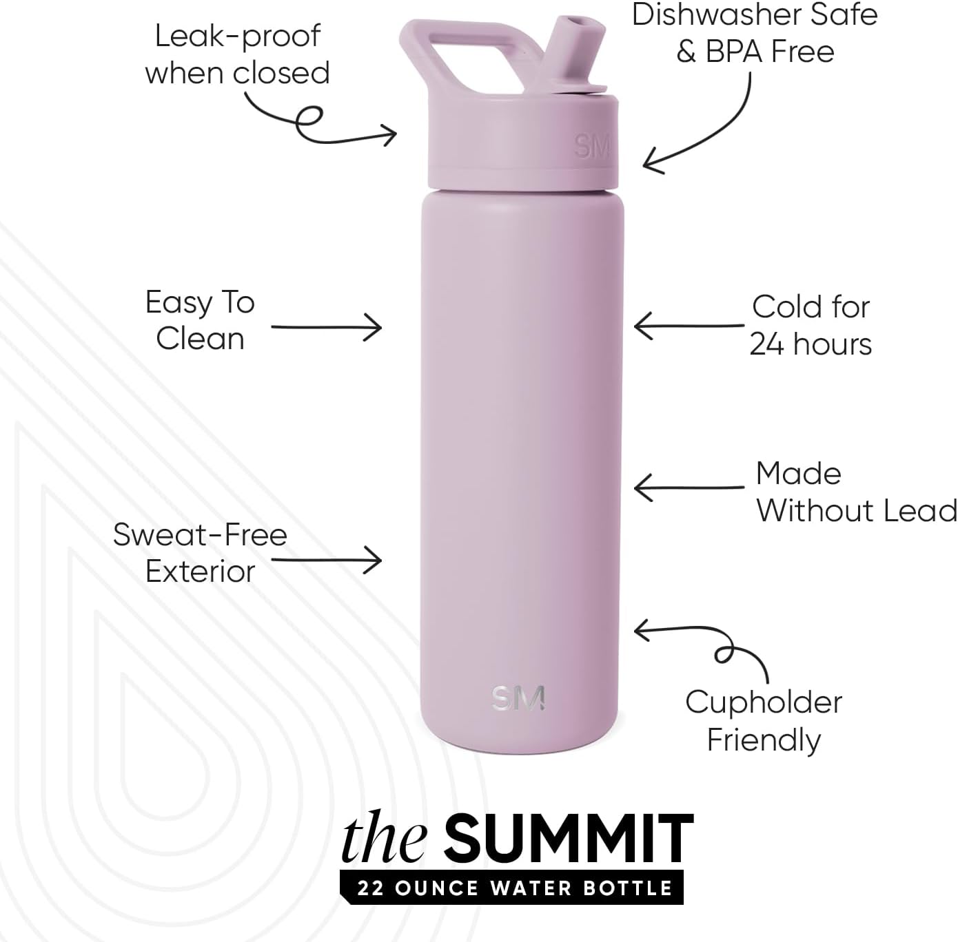 Simple Modern Water Bottle with Straw Lid Vacuum Insulated Stainless Steel Metal Cup Bottles | Reusable Leak Proof BPA-Free Flask for Gym, Travel, Sports | Summit Collection | 22oz, Lavender Mist