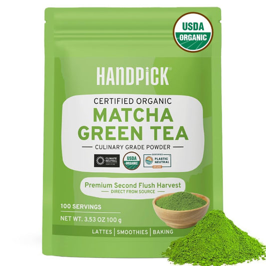 HANDPICK Japanese Organic Matcha Green Tea Powder (100 Servings) - Authentic Premium Second Flush Harvest | Resealable Ziplock Pouch