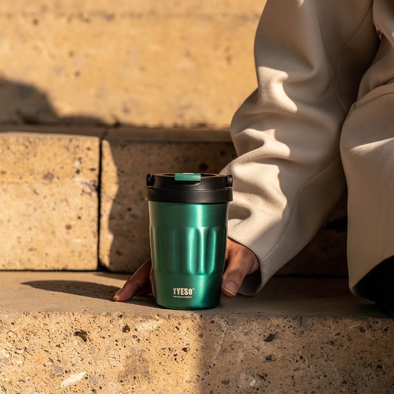 TYESO Stainless Steel Portable Tumbler with Flip Lid,Travel Mug with Concealed Carry Handle, Leakproof Insulated Coffee Cup (BLUE, 13 OZ)