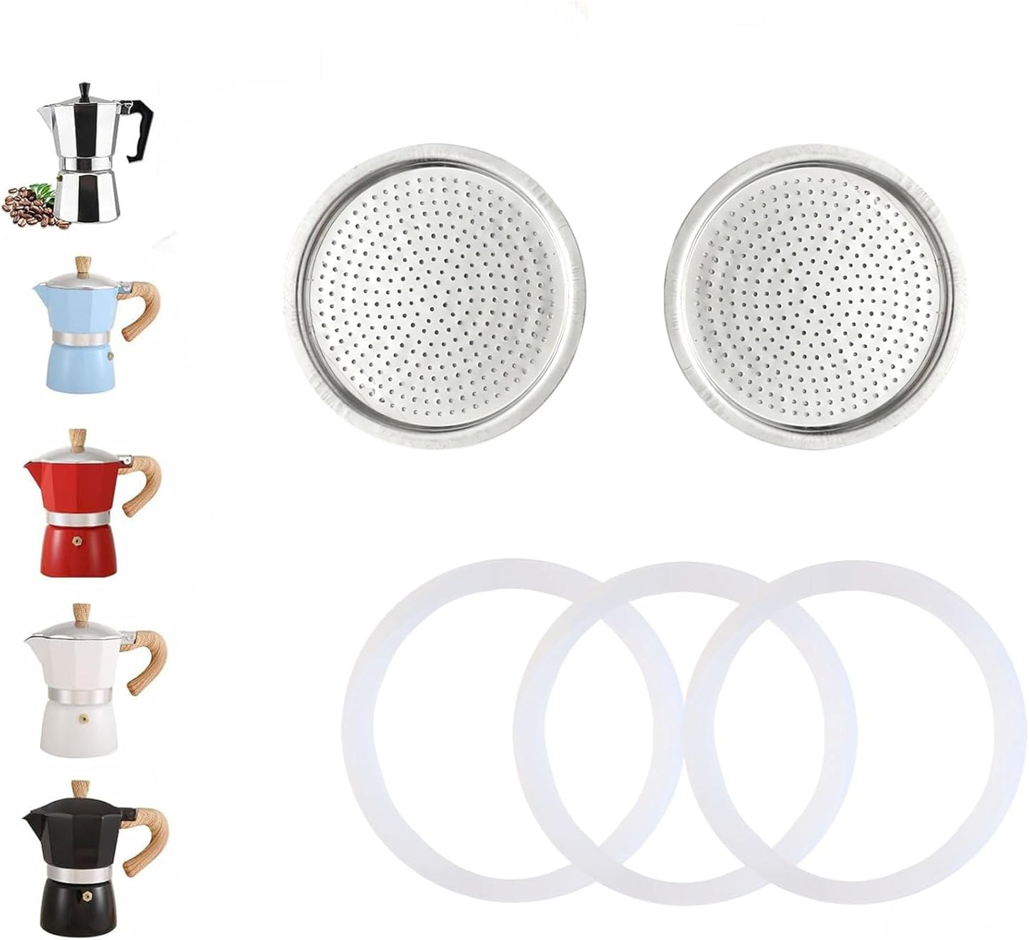 2 Pcs Filter with 3 Pcs Silicone Gasket Seals for 3 Cup Stovetop Espresso Coffee Maker Replacement Parts for DITOSH Aluminium Moka Pot