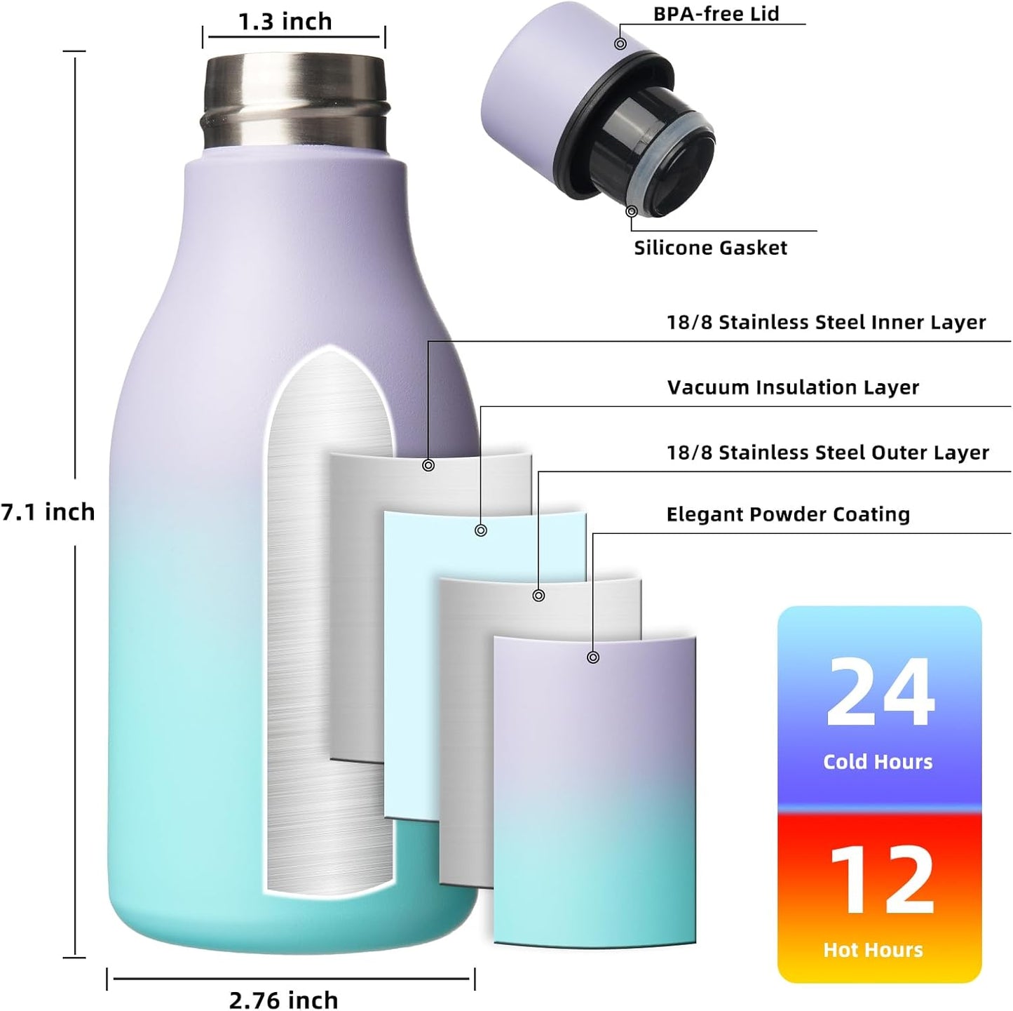 BJPKPK Insulated Water Bottles, 12oz Stainless Steel Metal Water Bottle with Strap, BPA Free Leak Proof Thermos, Mugs, Flasks, Reusable Water Bottle for Sports & Travel, Lavender Mint