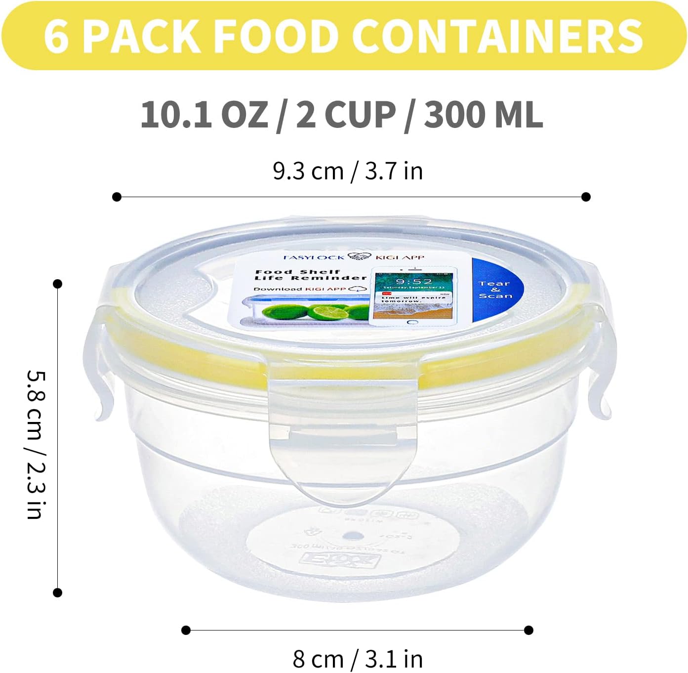 KIGI 6 PACK 10oz Plastic Round Bowls with Lid Leakproof Food Storage Container Set Small Meal Prep Containers Bento Box