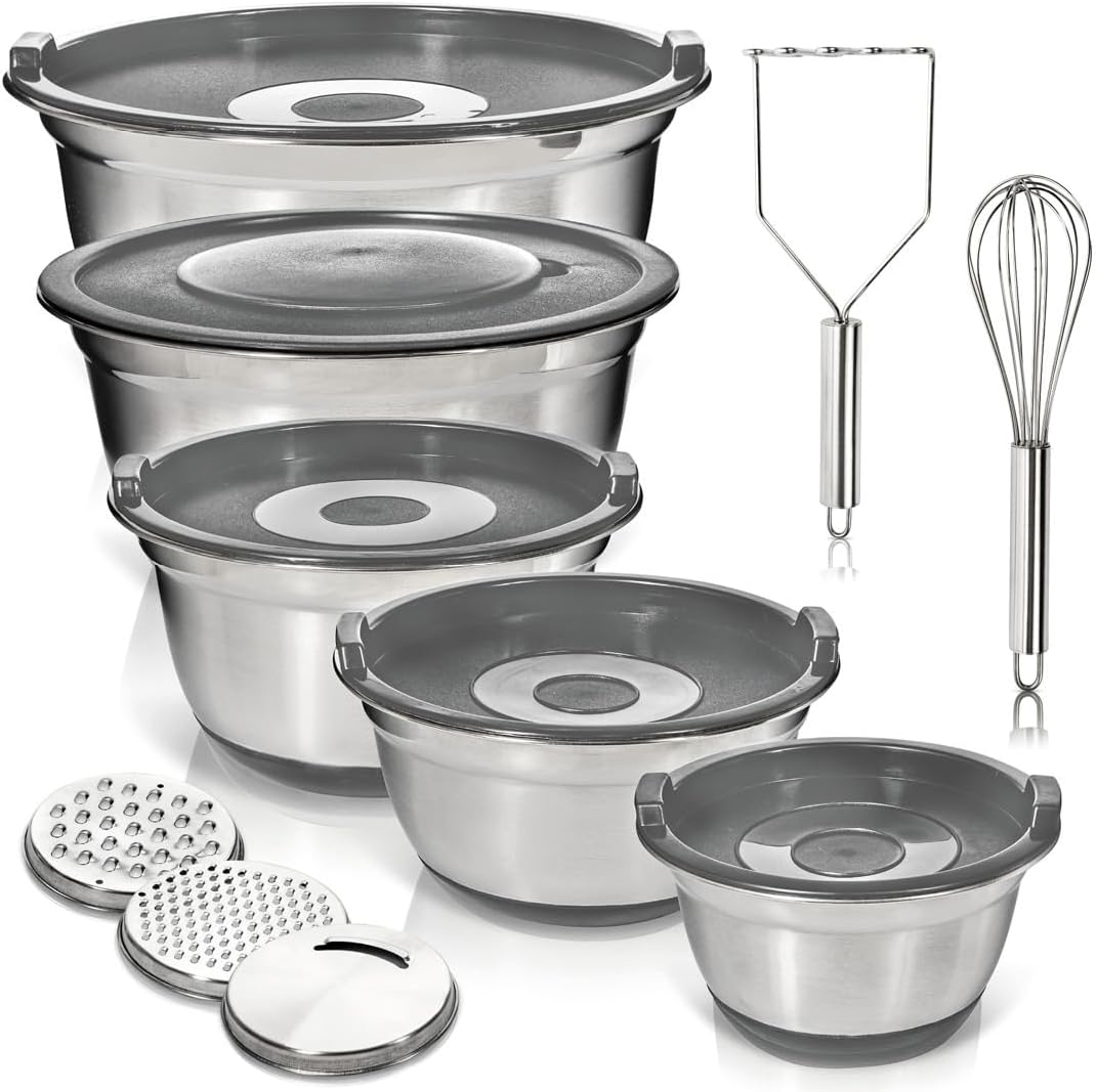 WHYSKO Stainless Steel Mixing Bowls with Lids Set - 5 Rustproof Metal Nesting Mixing Bowls for Kitchen, Meal Prep, Baking, Cooking, Storage - Includes 3 Grater Attachments, Dishwasher Safe