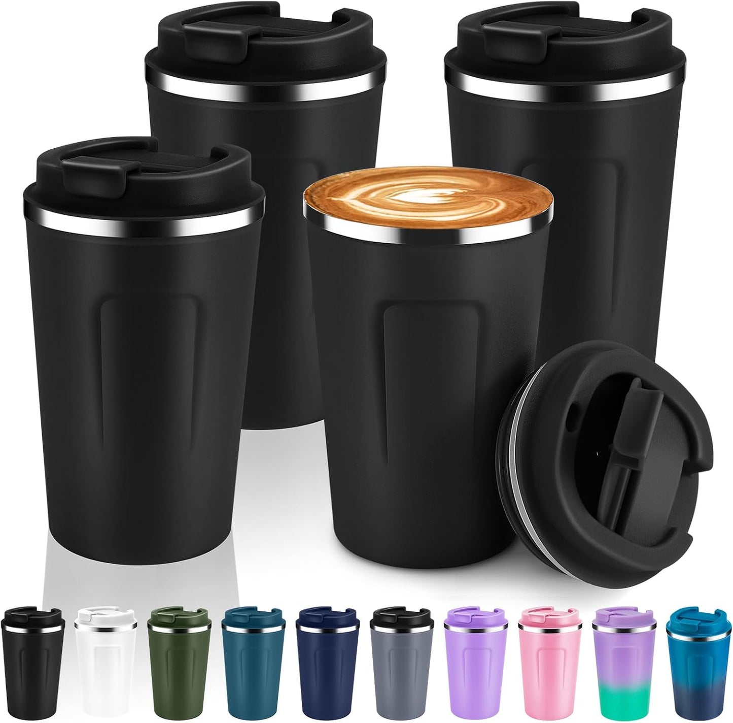 Volhoply 12 oz Double Wall Insulated Vacuum Travel Coffee Mug with Flip Lid Bulk 4 Pack,Reusable Stainless Steel Leak Proof Coffee Cups,Portable Cafe Thermal Tumbler for Hot & Cold Drinks(Black,4 Set)