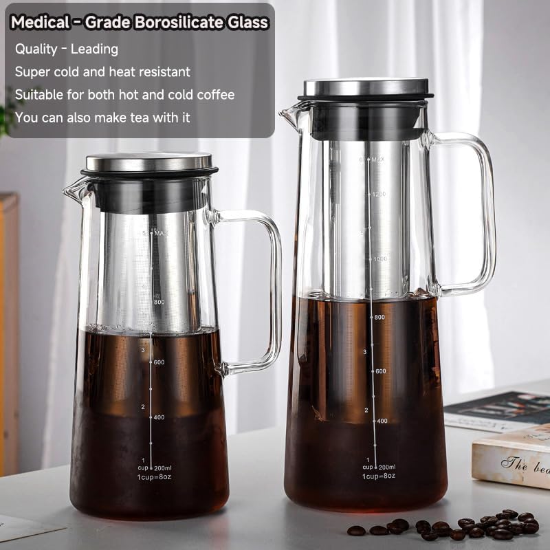 Cold Brew Coffee Maker Borosilicate Glass with 304 Stainless Steel Filter, Tea Infuser Ice Cold Brew Pitcher Kitchen, with Spout Kitchen Iced (48oz (1.4 L))