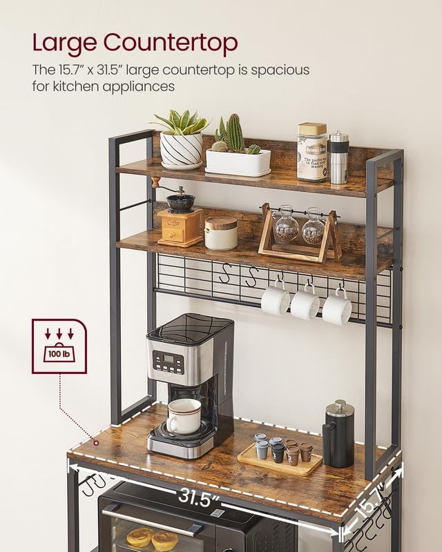VASAGLE Hutch Bakers Rack with Power Outlet, 14 Hooks Microwave Stand, Adjustable Coffee Bar with Metal Wire Panel, Kitchen Storage Shelf, 15.7 x 31.5 x 66.9 Inches, Rustic Brown and Black UKKS025B01