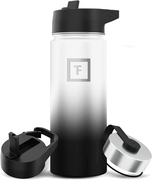 IRON °FLASK Camping & Hiking Hydration Flask with 3 Lids - Stainless Steel, Double Walled & Vacuum Insulated Water Bottle - Leak Proof & BPA Free (Day & Night, Straw - 18 oz)