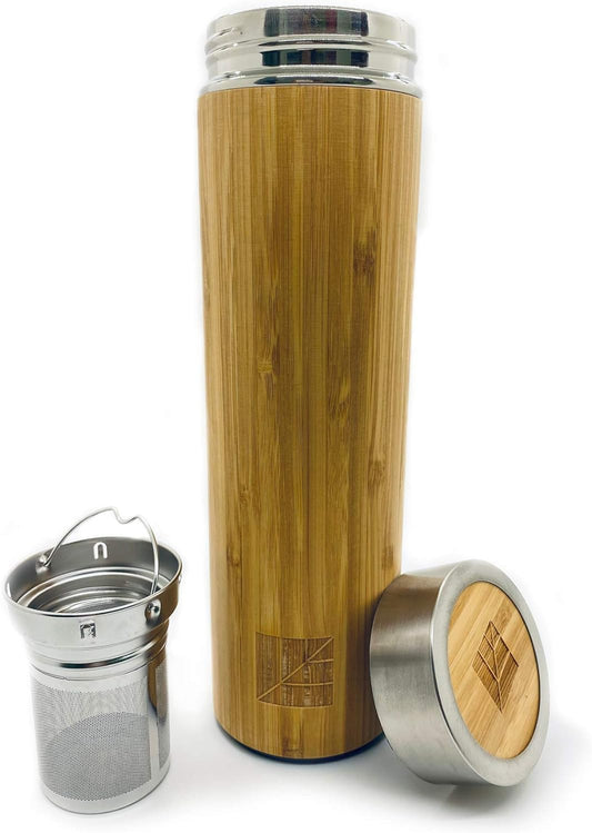 Dr. Zisman ZT Double-Walled Stainless-Steel Tea Infuser Bottle or Travel Mug Cup Container - Leak-Free Insulated Thermos Tumbler for Keeping Hot and Cold Water or Beverages (Bamboo)