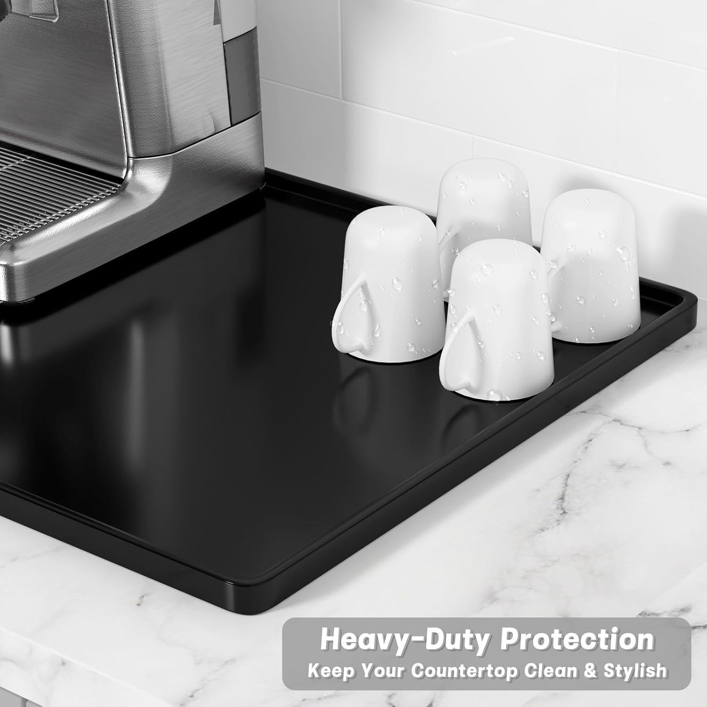 Rnivvi Silicone Coffee Mat, 16" x 24" Waterproof Raised Edge Coffee Bar Mats for Espresso Machine Station Accessories, Heat Resistant Dish Drying Pad for Kitchen Counter, Rubber Bar Decor Pad, Black