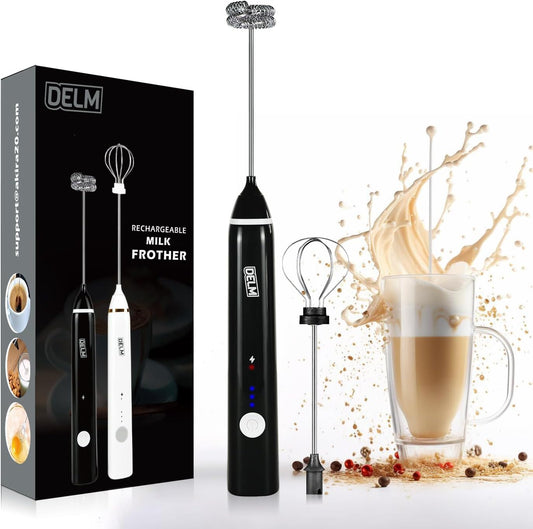 Delm Milk Frother Electric USB Stainless Steel Accessory - Frother Wand Foam Maker for Lattes - Milk Frother Handheld for Cappuccino, Frappe, Matcha, Hot Chocolate - Frother for Coffee (black)