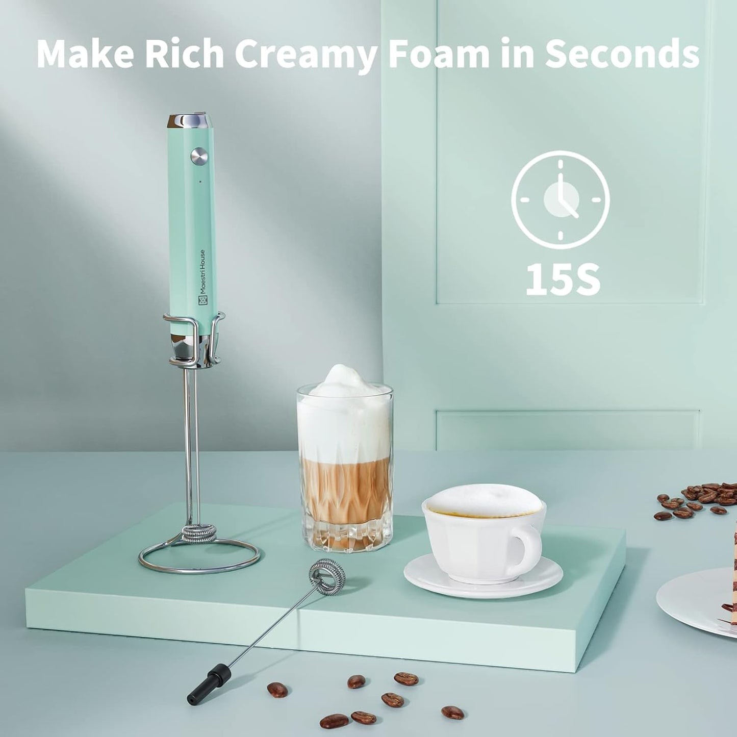 Maestri House Rechargeable Milk Frother with 3 Heads, LunaFro AS Handheld Electric Foam Maker Waterproof Detachable Stainless Steel Whisk Drink Mixer Foamer with Stand for Lattes, Cappuccino, Egg