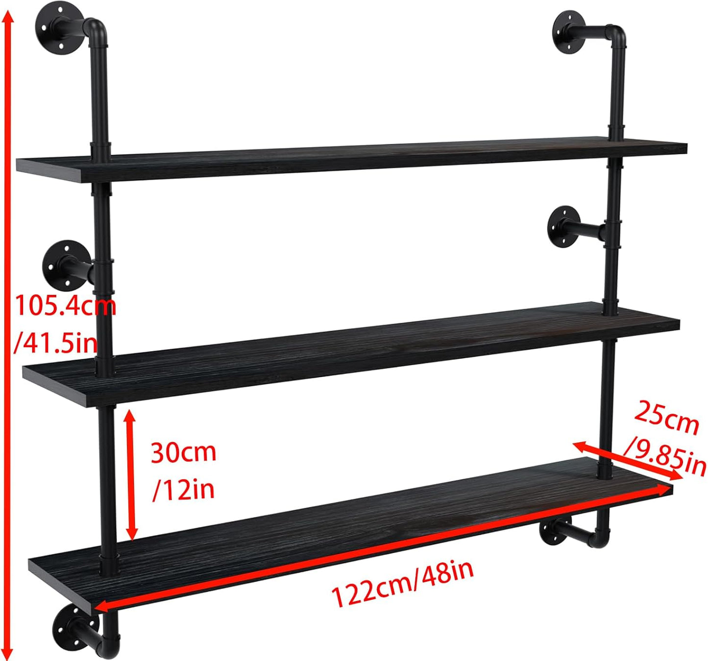 Industrial Pipe Shelving Rustic Black Wall Shelves with Wood Planks Industrial Floating Shelves 48 Inch Farmhouse Bookshelf Pipe Shelves Wall Mounted