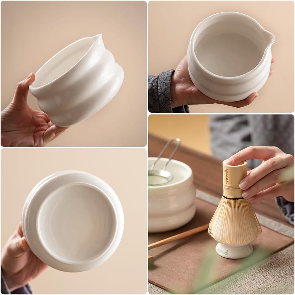 Matcha Whisk 8 Pcs Set - Ceramic Bowl, Bamboo Whisk with Holder, Canister, Sifter, Schima Spoon, Spoon Rest and Tea Towel, Complete Kit for Traditional Matcha and Modern Lattes (Glossy White)