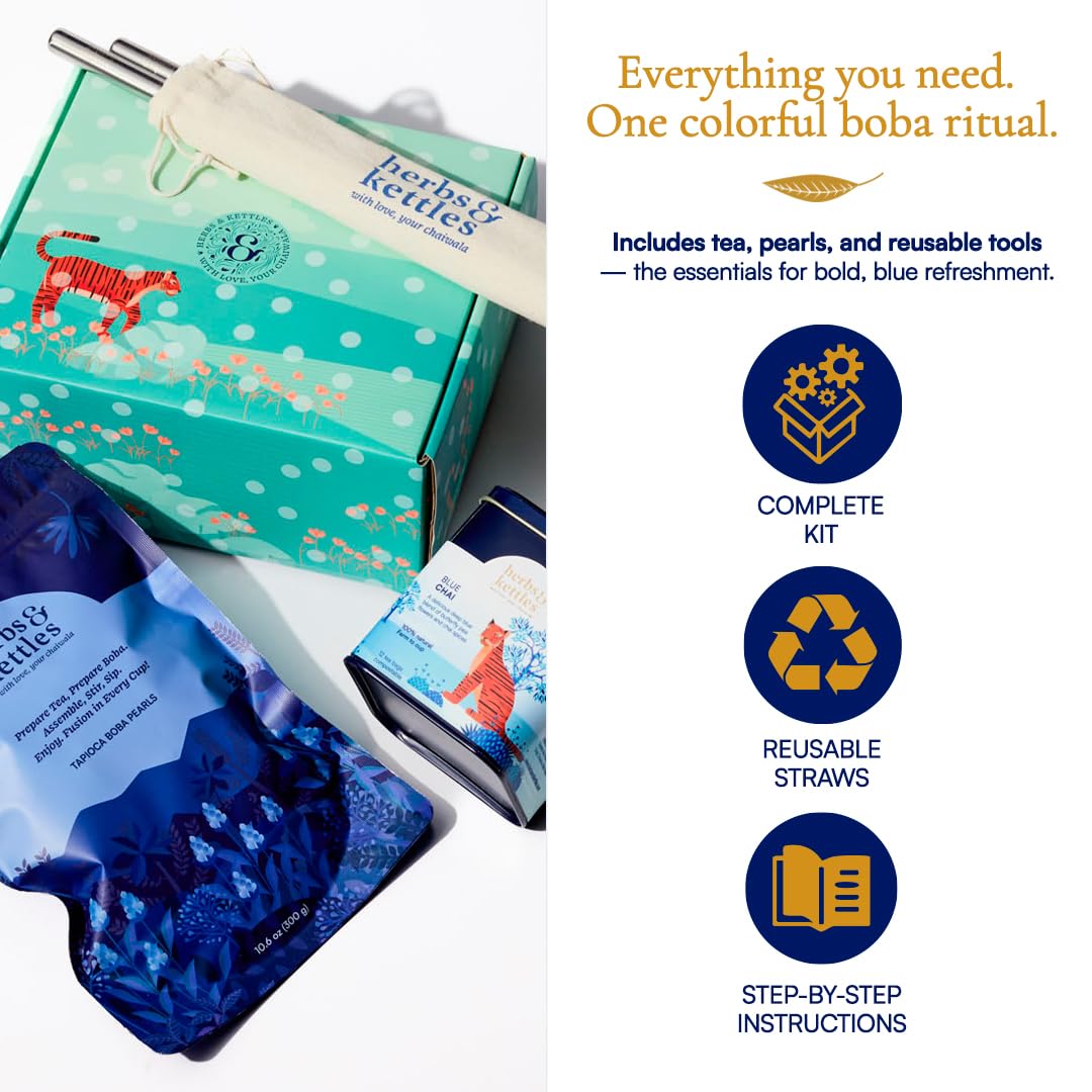 Herbs & Kettles Blue Chai Boba Kit | Butterfly Pea Flower Chai with Ginger, Cardamom, Cloves & Cinnamon + Chewy Tapioca Pearls | Complete DIY Caffeine-Free Bubble Tea Kit with Reusable Straws |