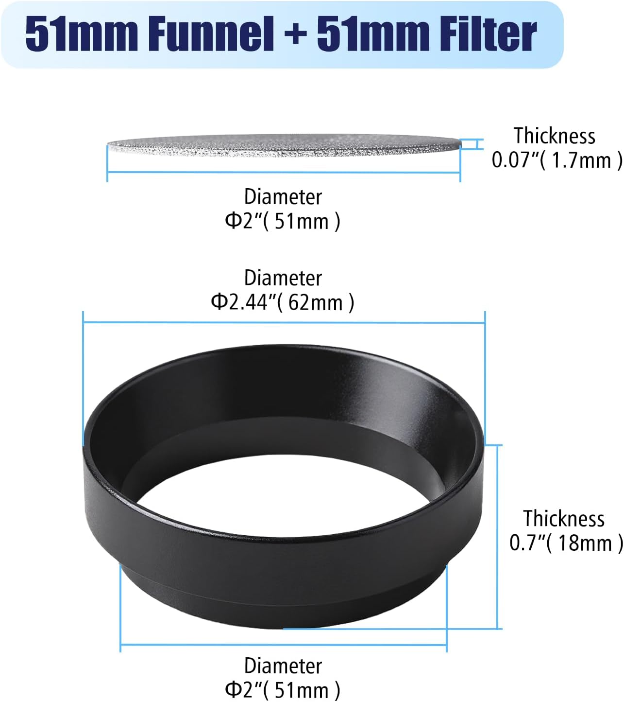 51mm Espresso Dosing Funnel and Puck Screen Set, Espresso Coffee Dosing Ring & 1.7mm 316 Stainless Steel Espresso Portafilter for Coffee Portafilter Filter Basket