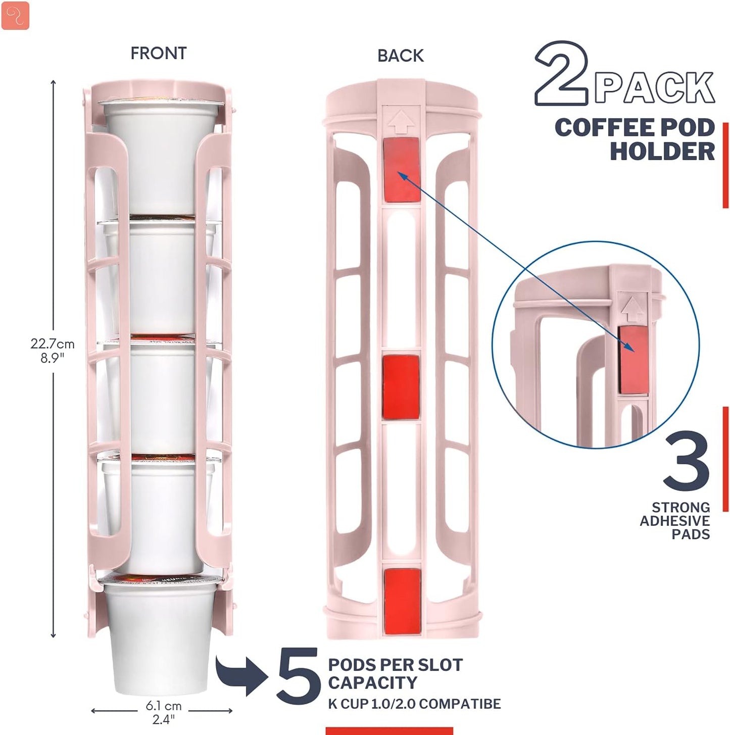 STORAGENIE Coffee Pod Holder for Keurig, Side Mount K Cup Storage, Perfect for Small Counters (2 Rows/For 10 K Cups, PINK)