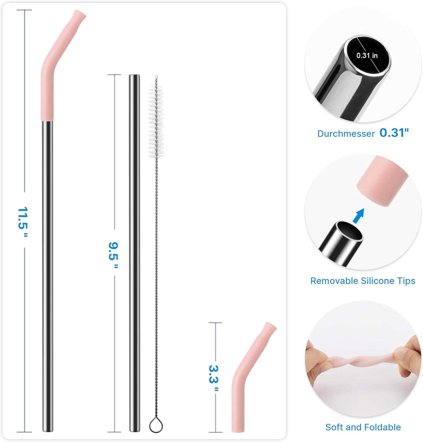 Metal Straw with Silicone Tip for 30oz Stanley Cup, 2 Pcs Stainless Steel Straws Replacement for Stanley 30 oz Adventure Quencher Travel Tumbler Cup, 1 Straw Brush (Light Pink)