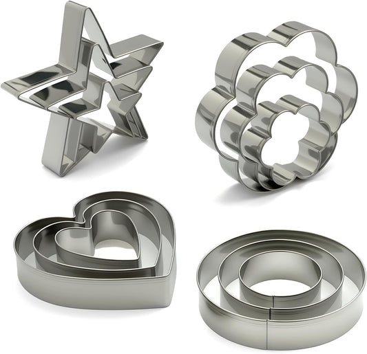 Stainless Steel Cookie Cutters Set 12Pcs - Heart, Flower, Round, Five Star Shapes - Small to Mini Size, Metal Biscuit Cutter Molds for Baking or Holiday Party Decorations