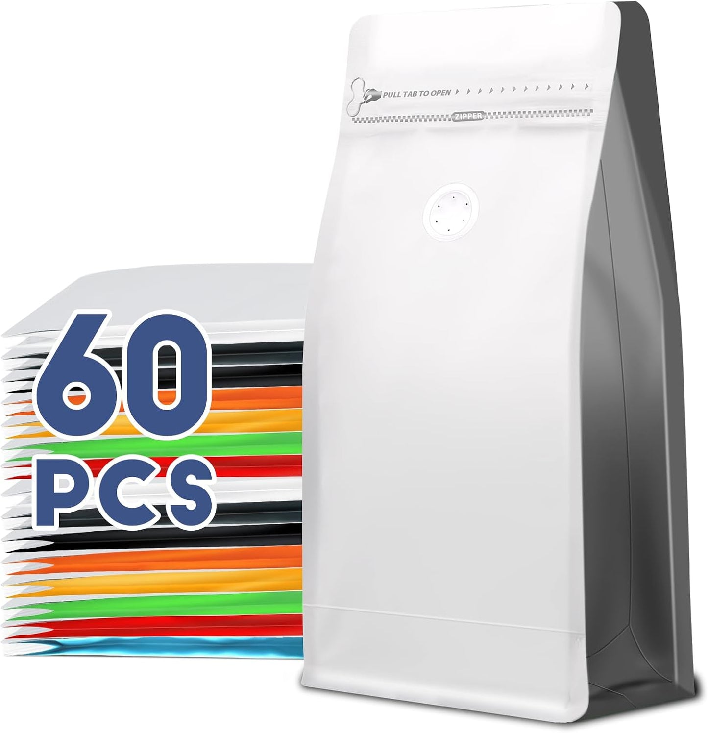 Coffee Bags with Valve(60pcs,16 oz,1 lb) Vented Coffee Beans Packaging Bags High Barrier Aluminumed Foil Flat Bottom Heat Sealed Side Zipper Resealable Storage Bag for Home or Business（White+Gray）
