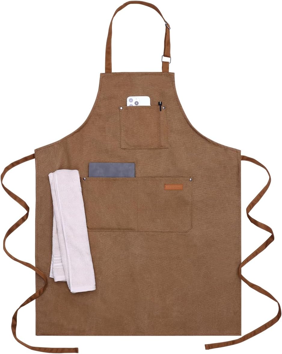 Chef Cooking Aprons for Men Women Thickened Canvas Cotton Apron with 4 Pockets for BBQ Work Kitchen（Brown）