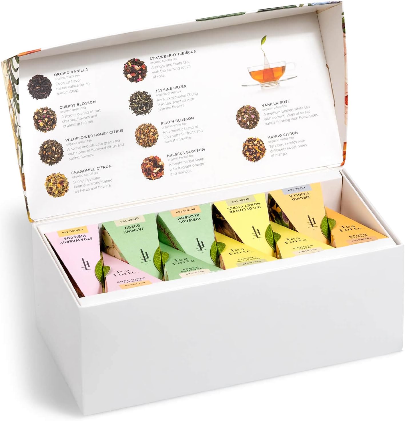 Tea Forte Jubilee Presentation Box Tea Gift Set Sampler, 20 Count 2 of Each Variety Individually Wrapped Handcrafted Pyramid Infuser Bags
