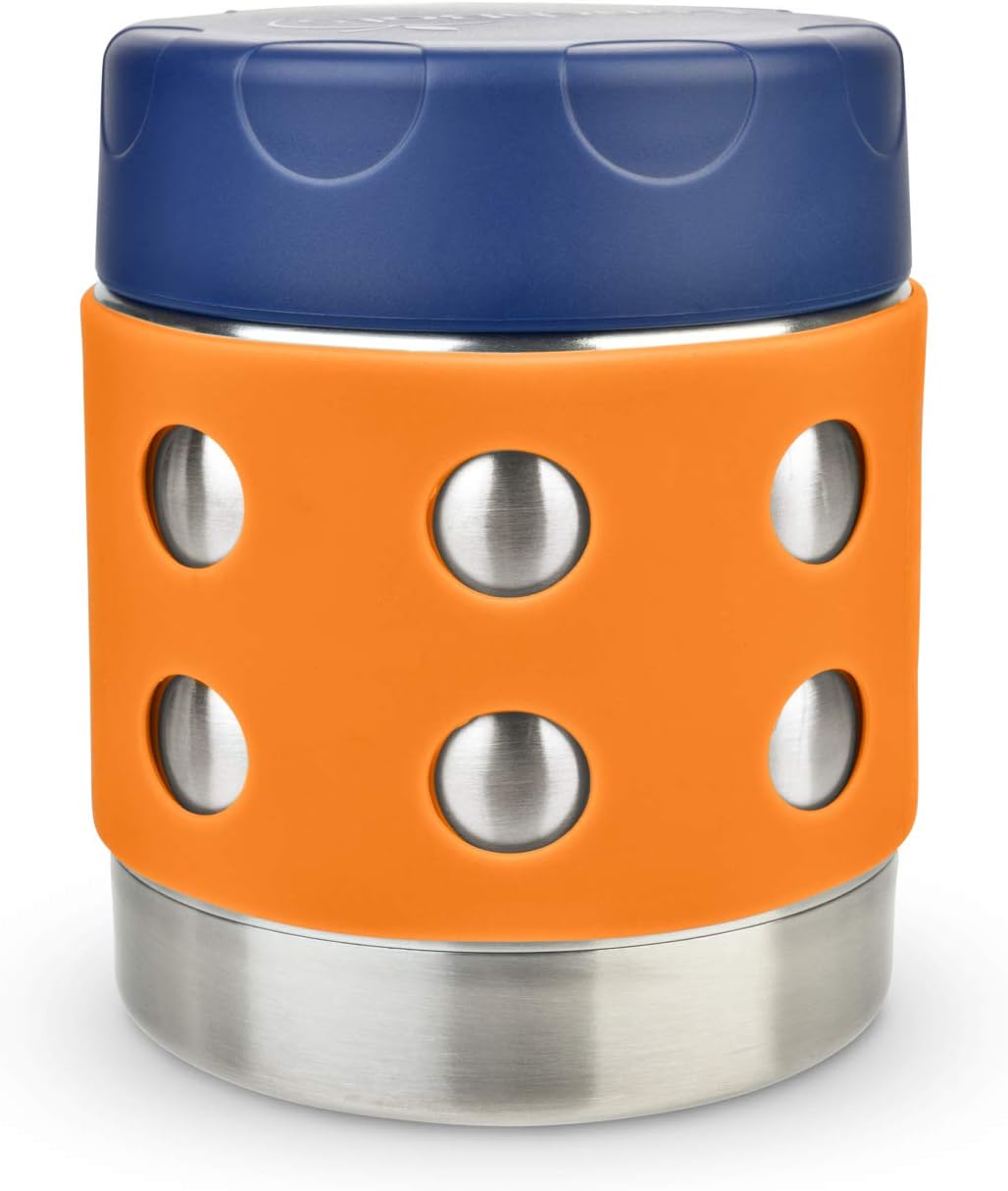 LunchBots Thermal 8 oz Triple Insulated Thermos - Hot 6 Hours or Cold 12 Hours - Leak Proof Thermos Soup Jar - All Stainless Interior - Navy Lid - Orange Dots