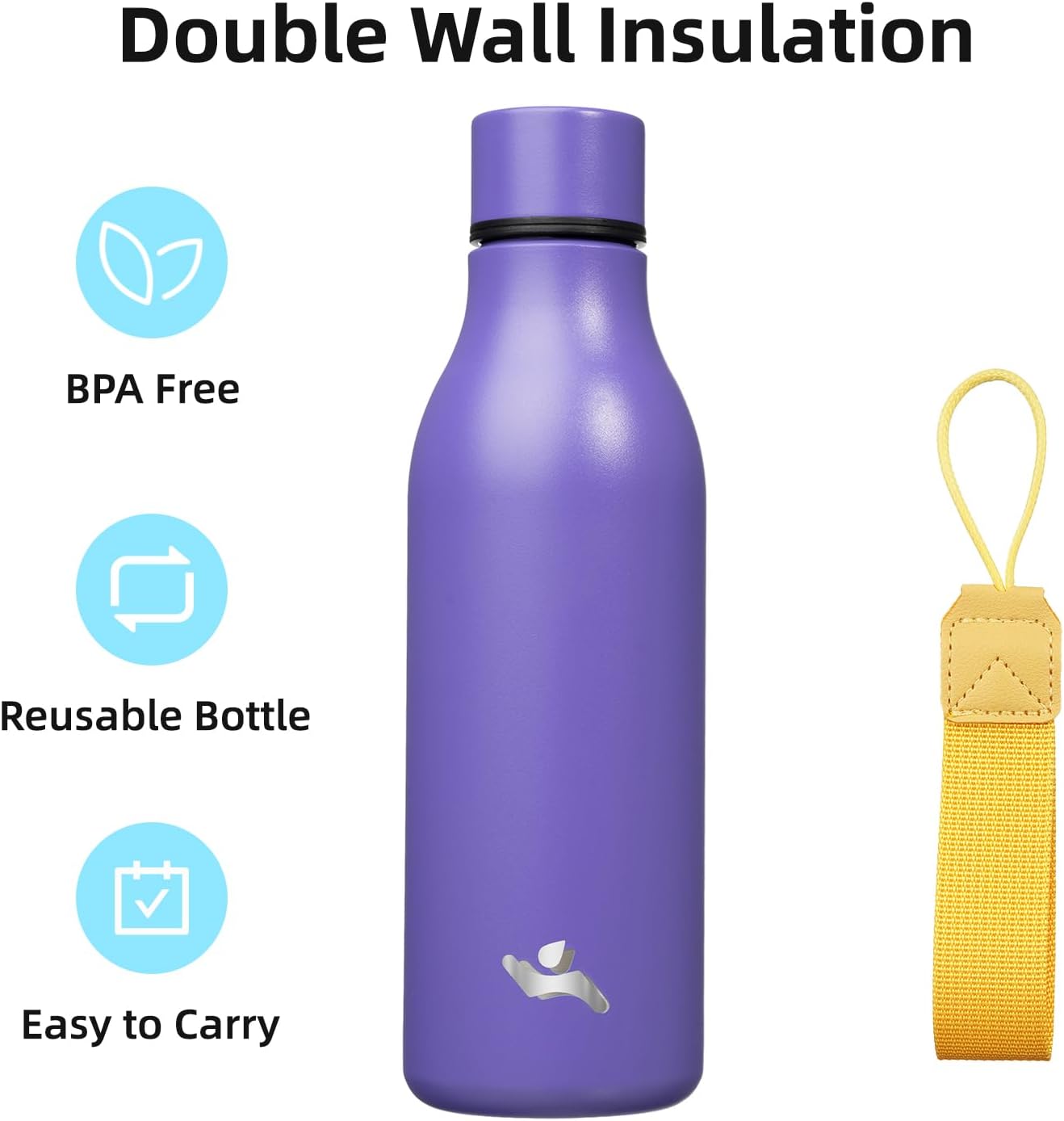Insulated Water Bottle with Strap,18 oz Double Wall Stainless Steel Vacuum Bottles Metal Water Flask,Purple