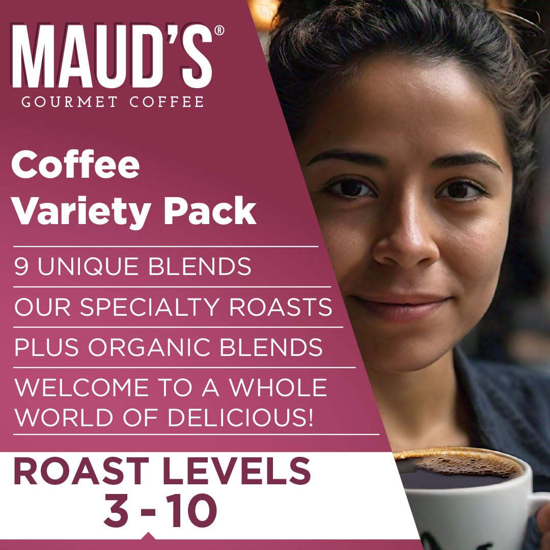 Maud's Original Coffee Pods Variety Pack, 80 ct, 9 Assorted Roasts, Dark & Medium Roast Coffee in Recyclable Single Serve Pods – 100% Arabica Coffee, Compatible with Keurig K Cups Maker
