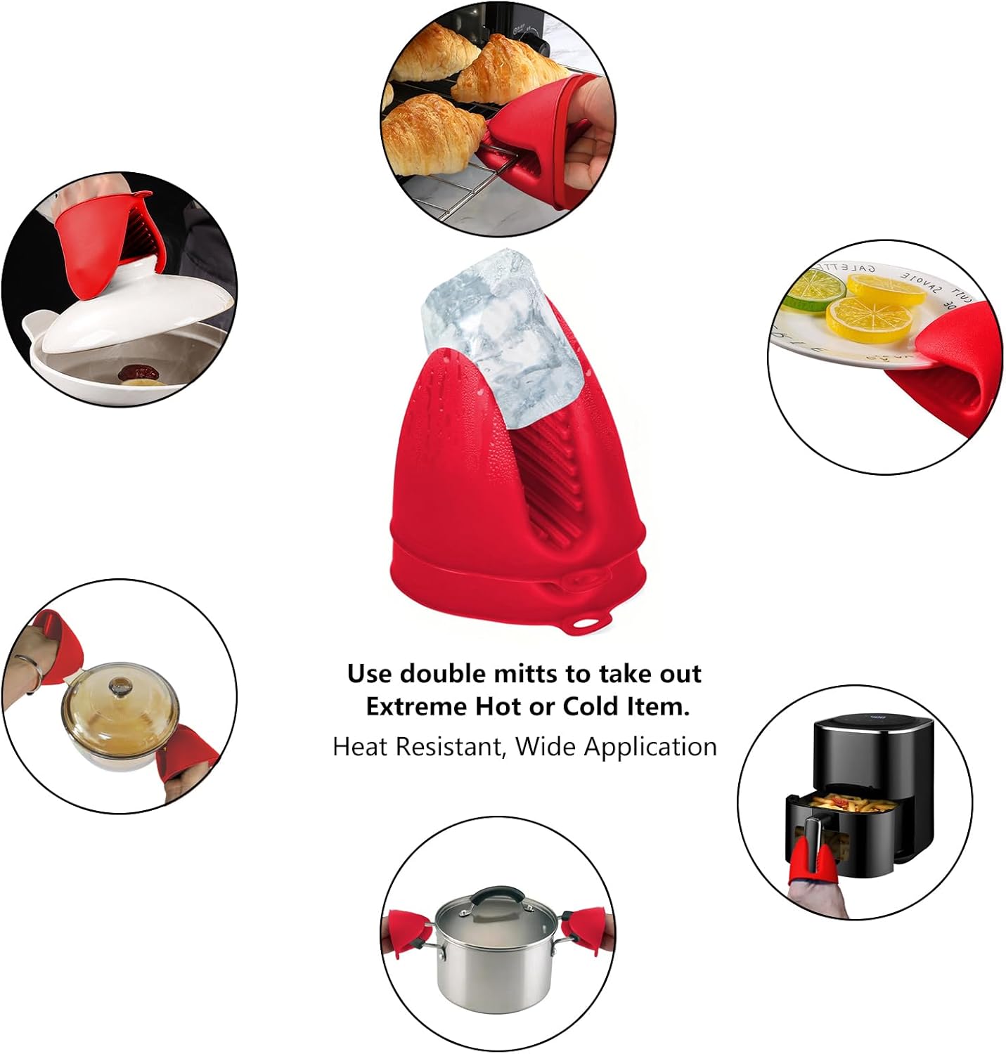 3 Pairs Silicone Oven Mitts Sets Pot Holders Heat Resistant for Kitchen - Small Kitchen Mittens Silicone Rubber Air Fryer Mitts Mini Pot Pinch Grip for Cooking & Baking, Red