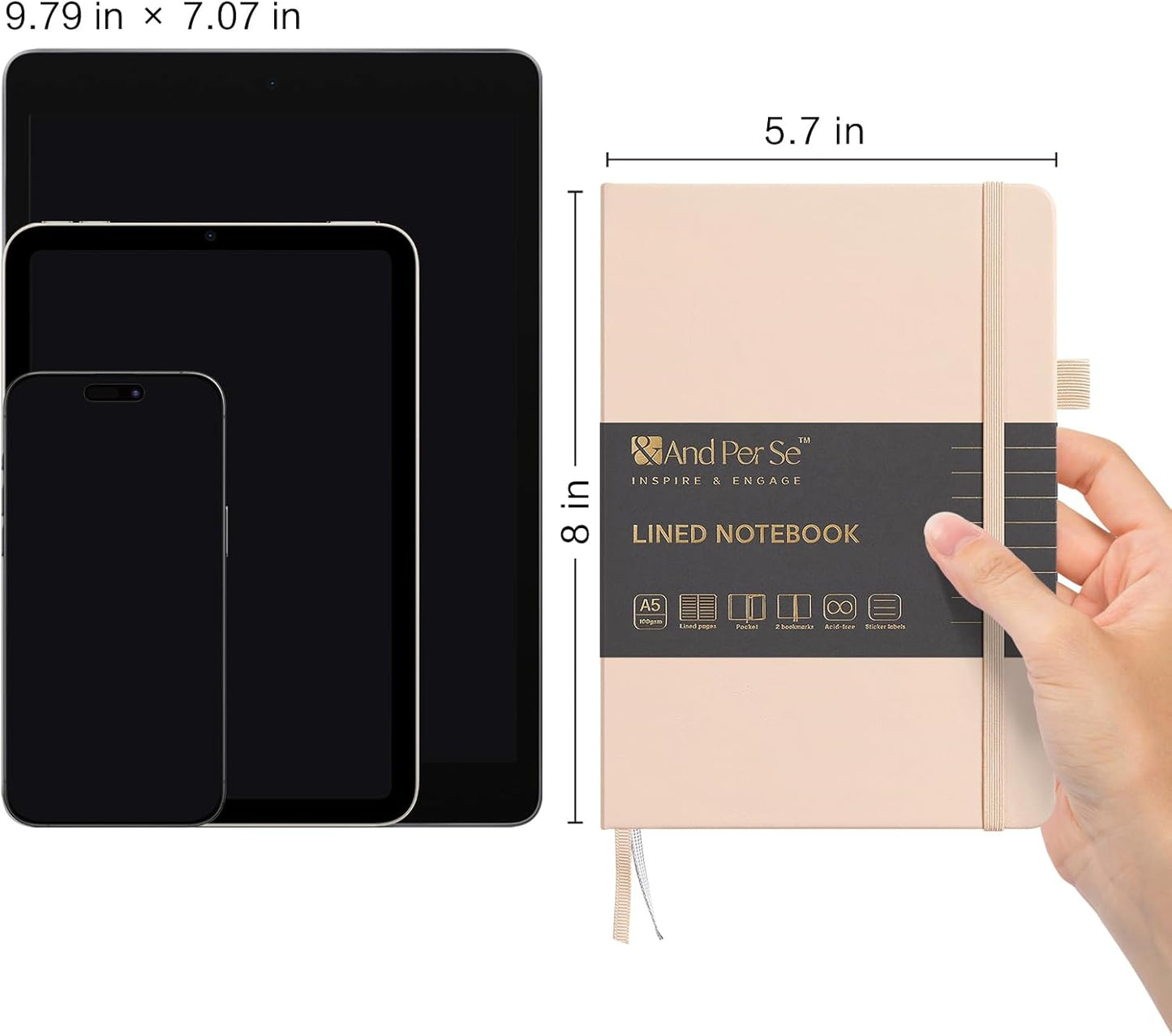 &And Per Se Lined Journal Notebook, 160 Pages, A5 5.7 x 8 inches College Ruled Thick Paper Notebook Journals for Writing, Hardcover Notebooks for Women Men Office School (1 Pack, Light Apricot)