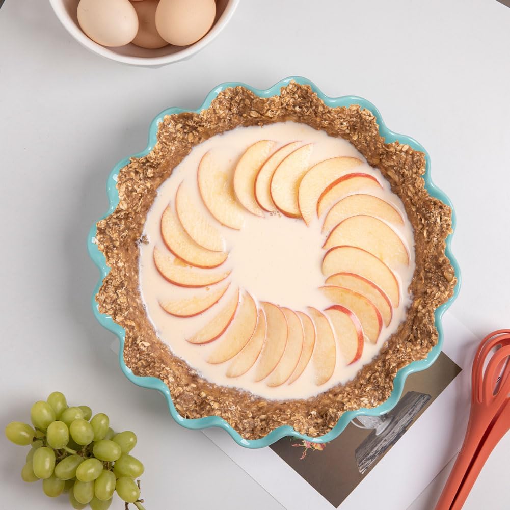 Sweejar Ceramic 11.5 Inches Pie Pan for Baking, Deep and Fluted Porcelain Round Pie Dish, Non-Stick Pie Plate for Pumpkin Pie, Apple Pie, Pie Pots with Morden Farmhouse Design(Turquoise)