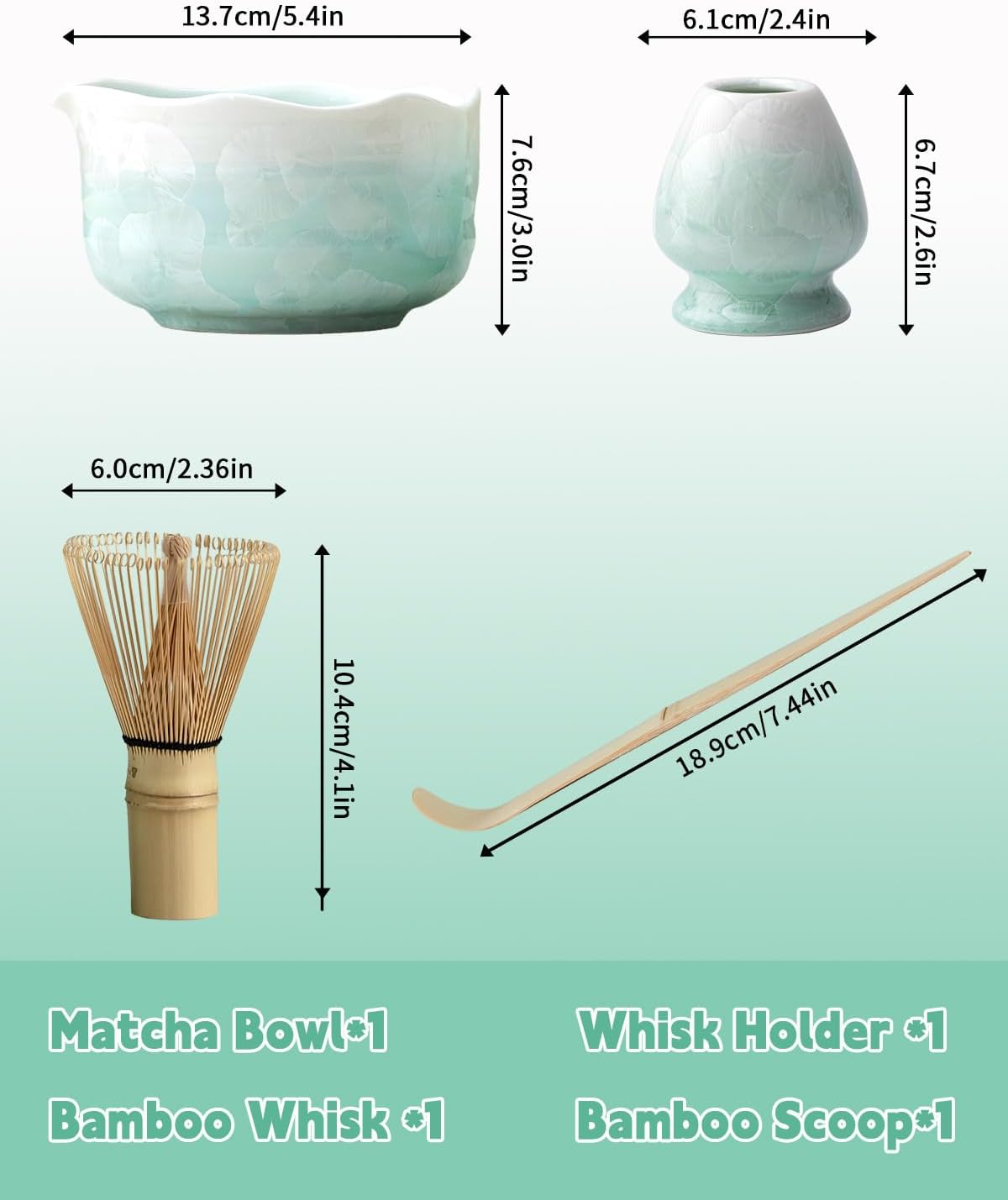 Natural Crystal Flower Matcha Set - 4 Pcs Food Grade Matcha Kit with Spouted Bowl, Matcha Whisk, Scoop and Chasen Holder - Matcha Tea Ceremony Gift for Matcha Lovers (Pine Shadow)