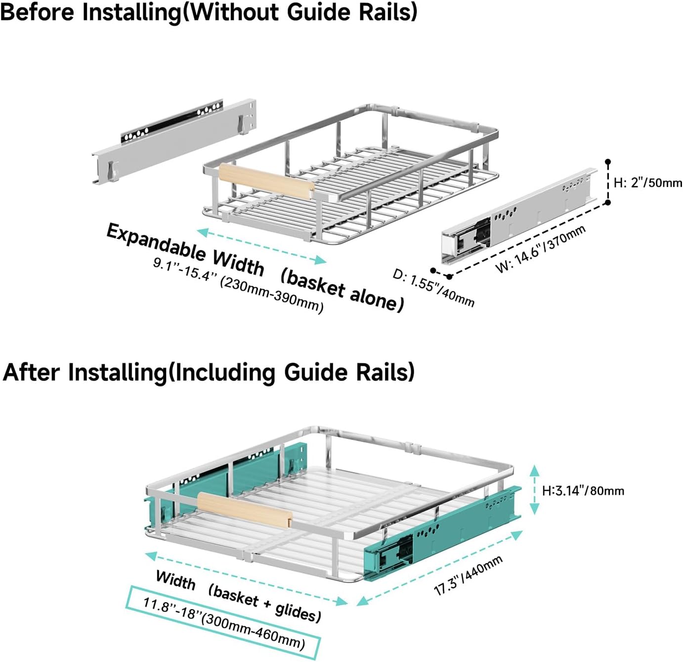 2Pack Expandable Pull Out Cabinet Organizer, Closet Organizers and Storage 11.8~18''W x 17.3''D Heavy Duty Under Sink Storage Basket Slide Out Cabinet Shelves for Kitchen, Bathroom, Pantry